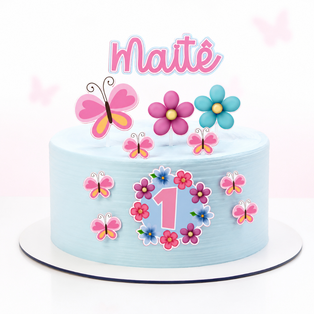 Topo De Bolo Borboletas Jardim Encantado Personalizado Nome E Idade-Topper Festa Infantil Menina Mesversario Aniversario