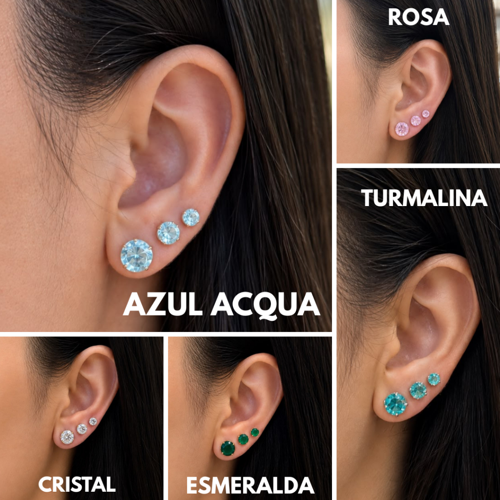 Trio de cravação redonda feminino de Brincos Ponto de Luz Colorido – Ouro 18K e Ródio