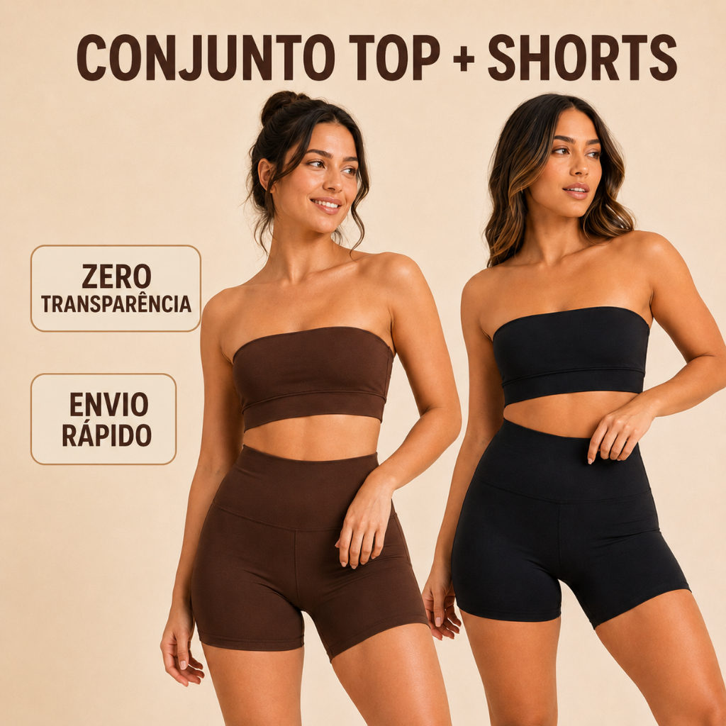 Conjunto Fitness Top Faixa  + Shorts Legging Cintura Alta Zero Transparência Para Academia e Treino