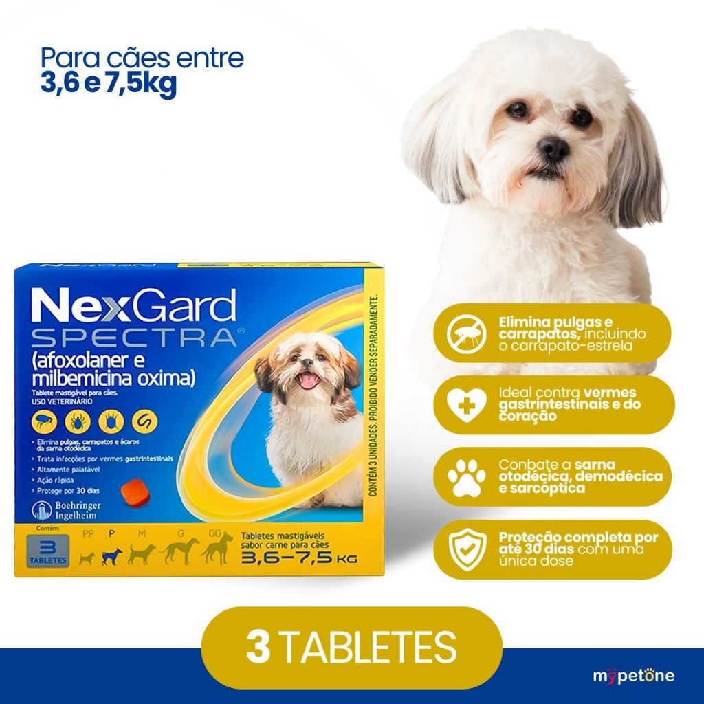 NexGard Spectra para Cães 3,6 a 7,5kg Antipulgas e Carrapatos - 3 Tabletes
