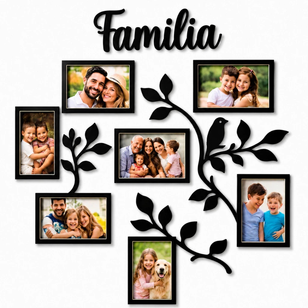 Porta Retrato Família MDF para 7 Fotos 10x15 | Quadro Decorativo de Parede Preto