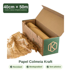 Papel Colmeia Kraft 40cm x 50m com Caixa Dispensadora - Substitui Plástico Bolha | Kolmos
