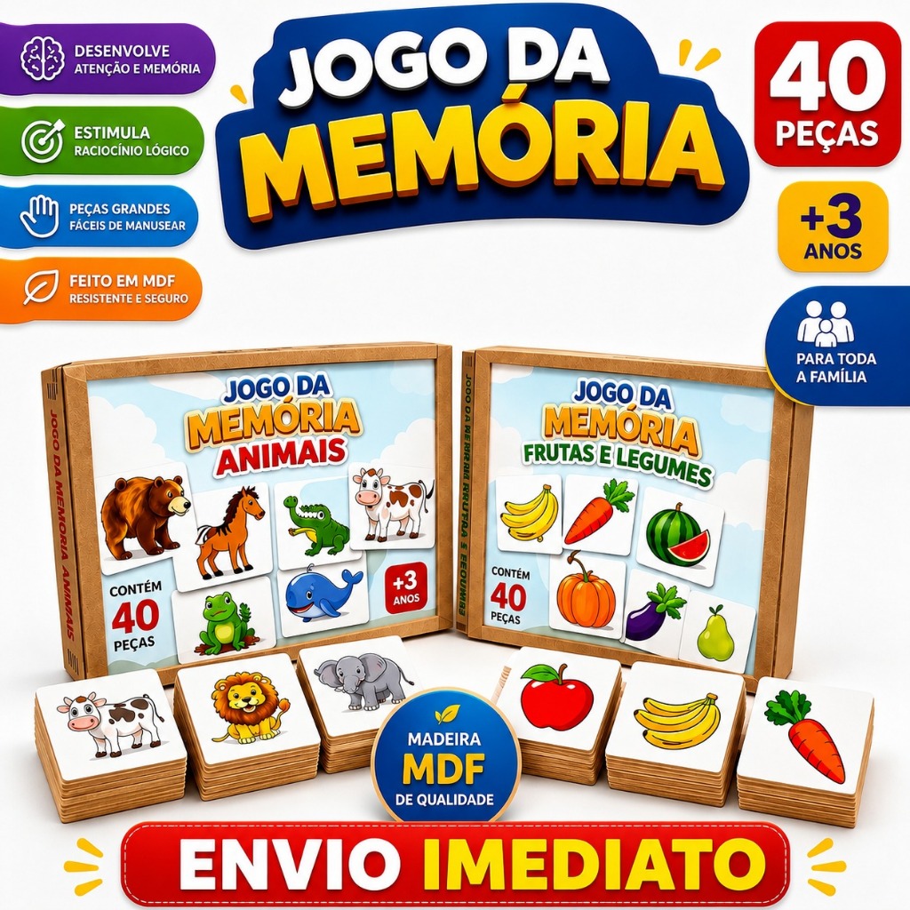 Jogo da Memória Infantil em Madeira 40 Peças Educativo Pedagógico Montessori Animais Frutas e Legumes