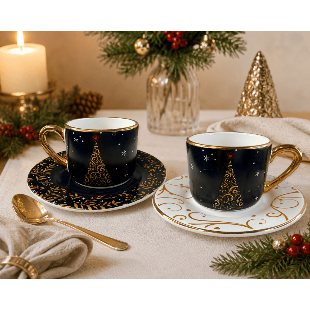 Kit Jogo Xícara e Pires Estampa Natal Decoração Natalina Presente Criativo Ideal Para Mesa Posta Elegante