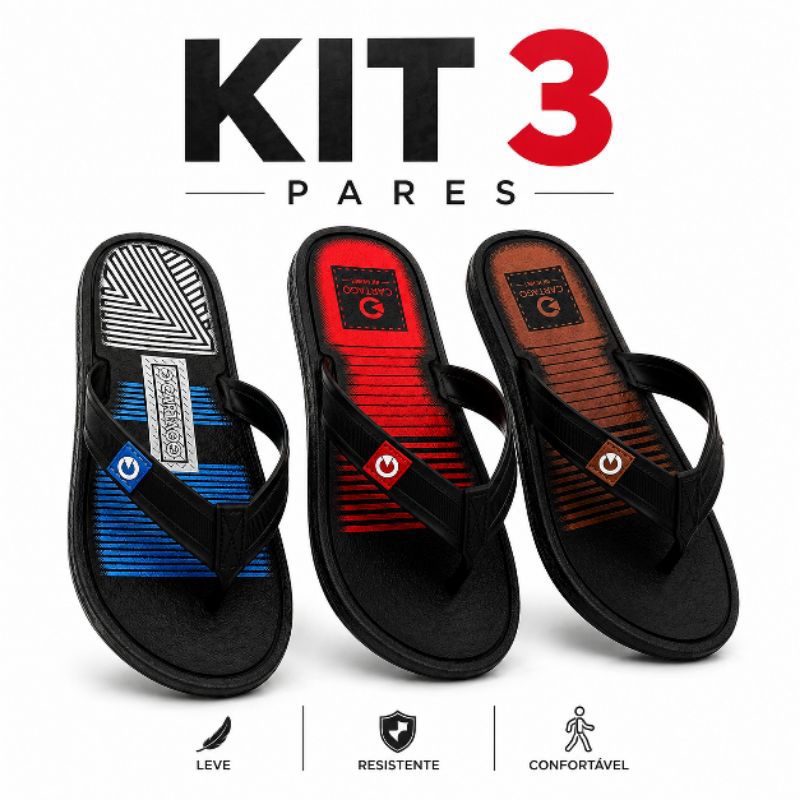 Kit 3 Pares Chinelo Sandália Masculino Antiderrapante Macio e confortável Promoção