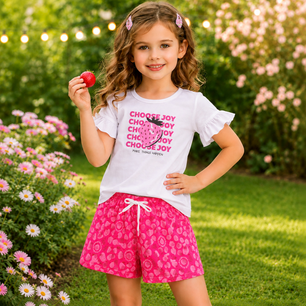 Conjunto Infantil Blusa Meia Malha Com Estampa Morangos e Bermuda em Poliflex Estampado