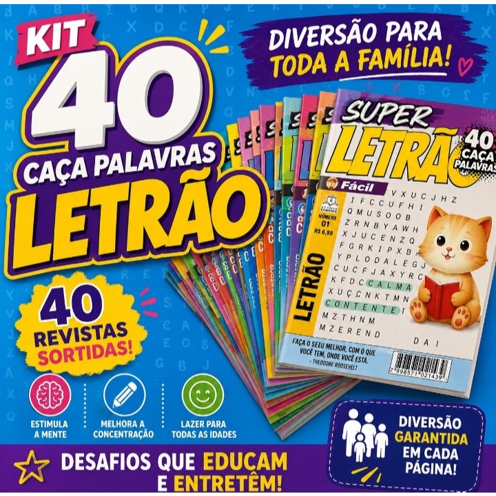 KIT 40 CAÇA PALAVRAS LETRÃO - SEM REPETIÇÃO - NÍVEIS VARIADOS