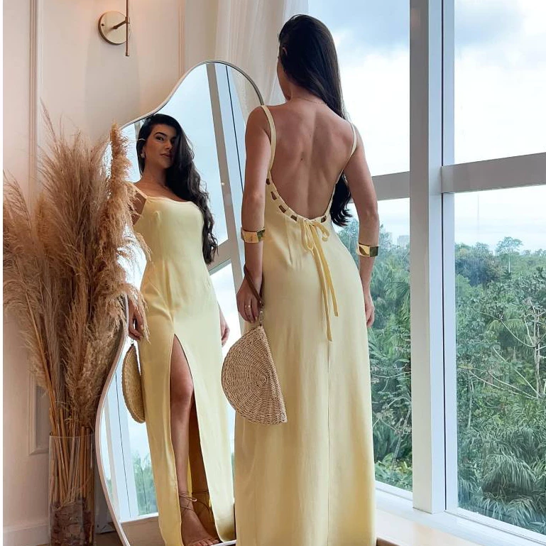 Vestido MANU Midi Duna Linho Feminino Casual Elegante com Fenda e Amarração nas Costas — imagem 1