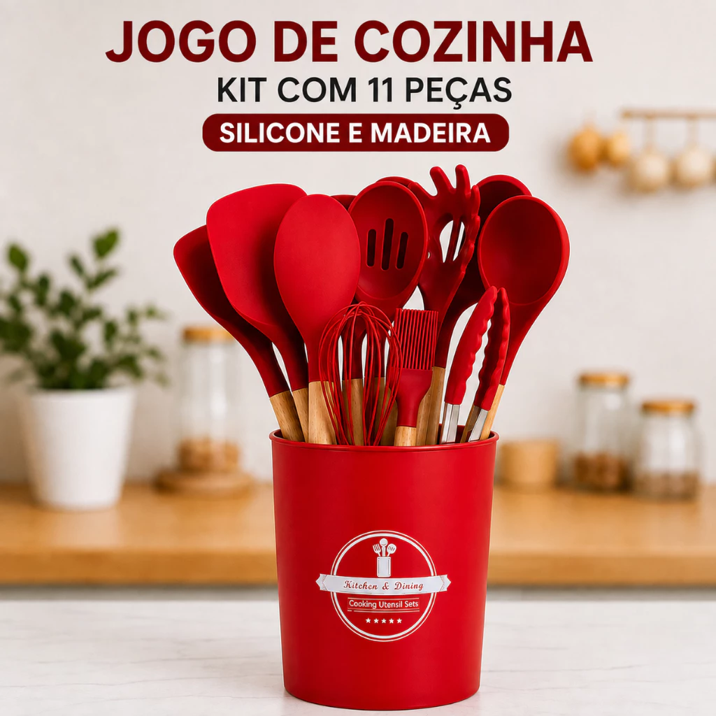 Jogo Cozinha Completo Kit 11 Peças de Silicone Utensílios Antiaderente Espátula e Copo Suporte Cozinha Cabo de Madeira