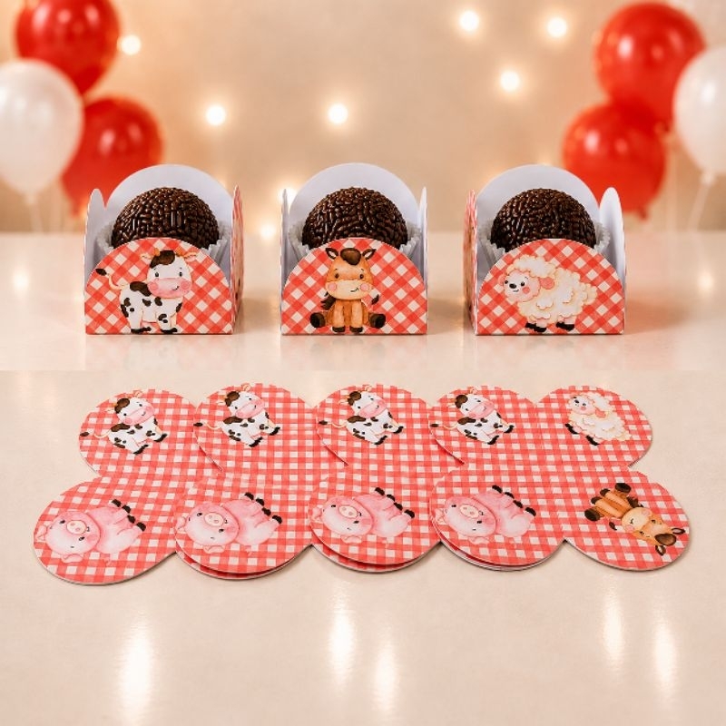 Forminhas de Doces Personalizadas no Tema Fazendinha Vermelha /Lembrancinha de Festa /Aniversário/ 4 pétalas