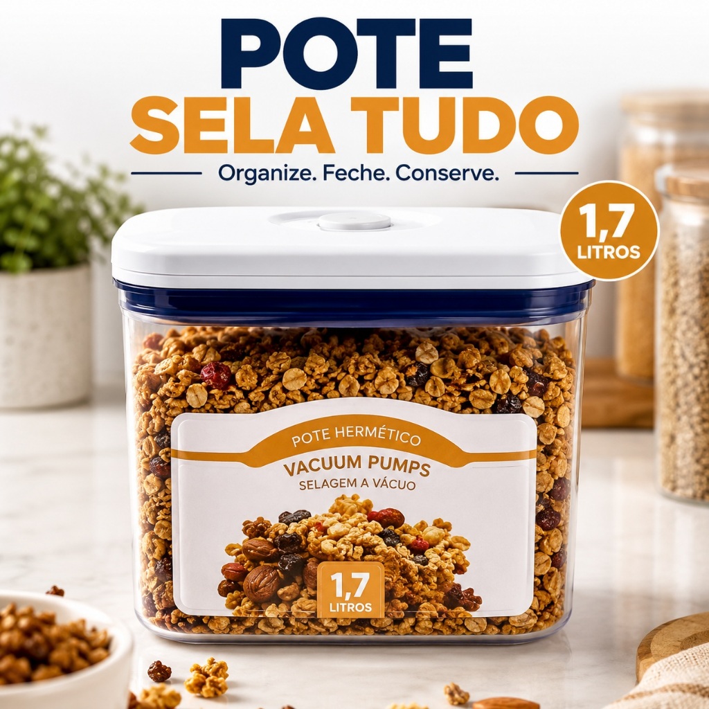 Pote Hermético 1,7L Sela Tudo com Vedação a Vácuo Transparente para Mantimentos Alimentos Cozinha