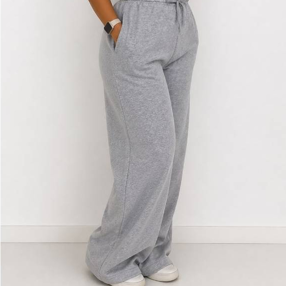 Calça Moletinho Larga Wide Leg Cintura Alta Com Elástico E Cordão Feminina Confortável Casual Envio Imediato WKWORLD