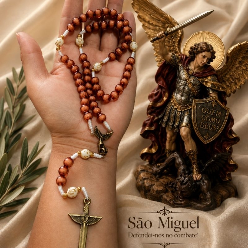 Terço São Miguel Arcanjo Luxo | Terço Católico Elegante com Crucifixo Espada | Proteção e Fé