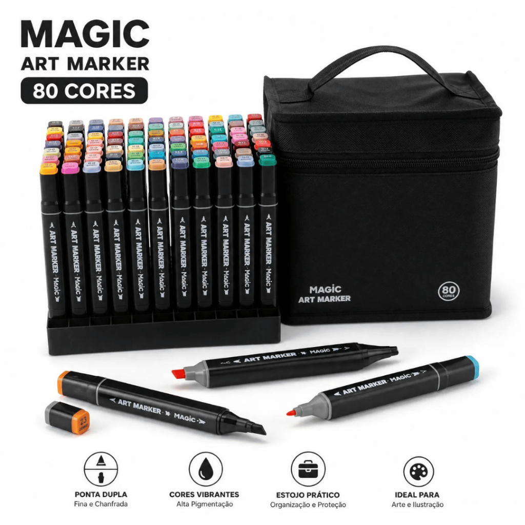 Kit Art Marker 80 Cores Ponta Dupla com Estojo Canetinha para Desenho e Colorir