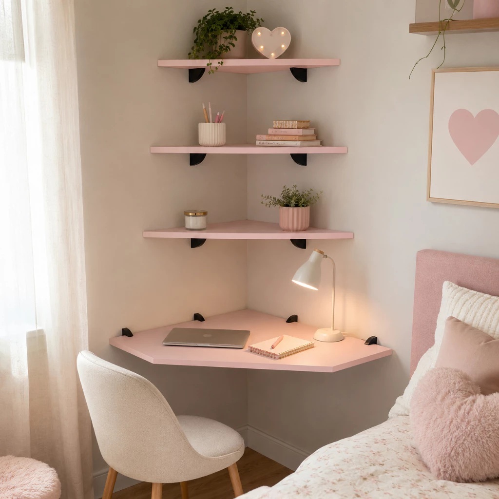Escrivaninha Mesa Canto Suspensa Rosa 3 Prateleiras Home Office Computador Notebook Quarto Estudo Escritório MDF