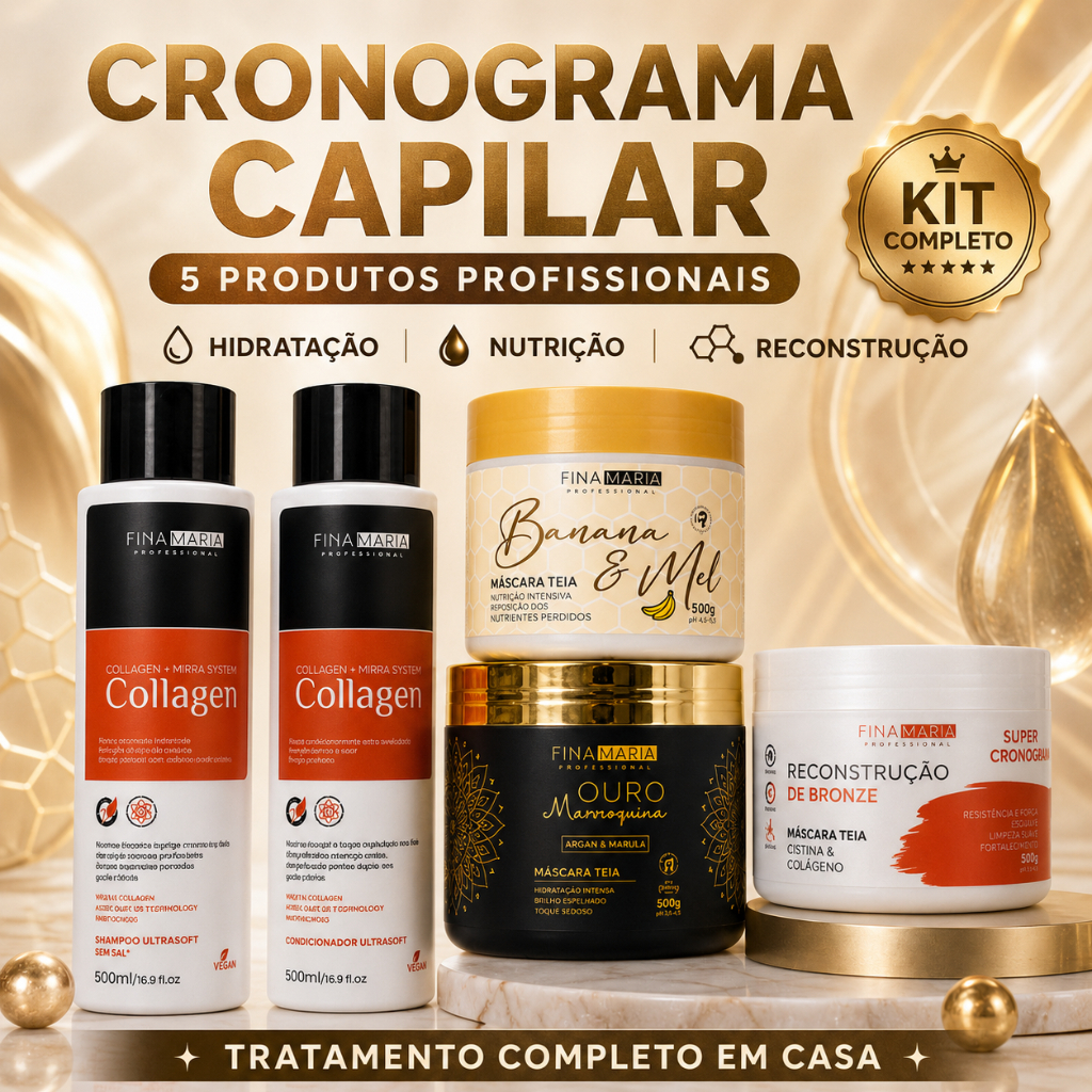 CRONOGRAMA CAPILAR 5 PRODUTOS PROFISSIONAL | HIDRATAÇÃO, NUTRIÇÃO, RECONSTRUÇÃO, SHAMPOO E CONDICIONADOR | FINA MARIA — Oferta Verificada
