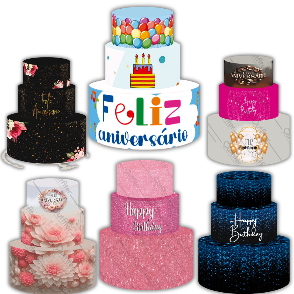 Capas para Bolo Fake Feliz Aniversario em Tecido Sublimado Ideal para Eventos e Decoração