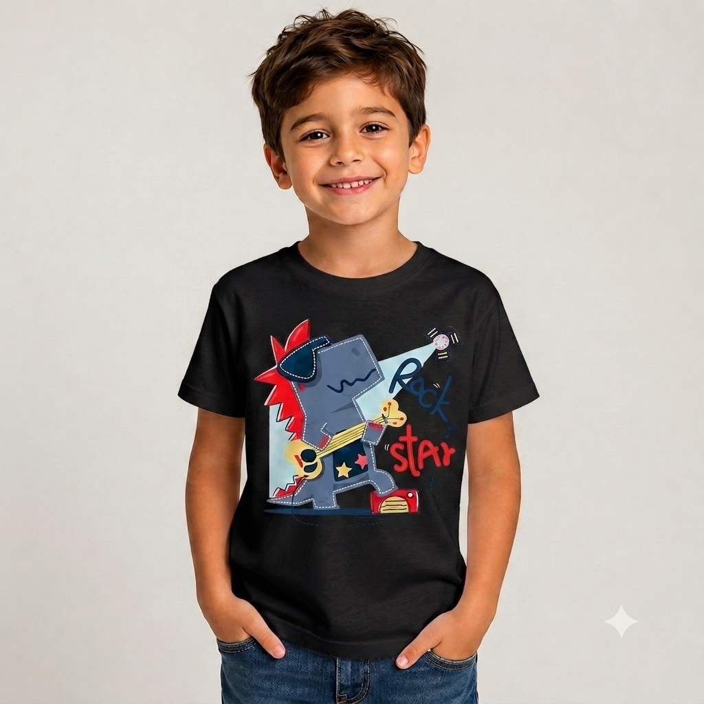 Camiseta Infantil Masculina Moda Verão Casual Dinossauro Rock Malha Premium