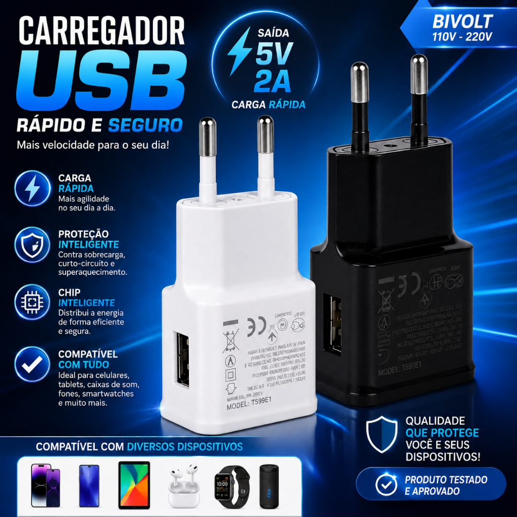 Carregador USB 5V Universal Para Celular Android iPhone Bivolt Envio Rápido