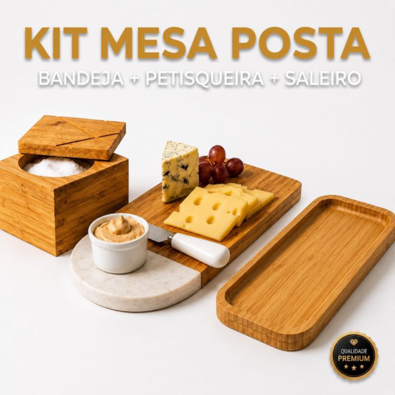 Kit Mesa Posta Bambu Bandeja + Petisqueira + Saleiro Giratório | Kit Completo para Servir Queijos, Petiscos e Aperitivos