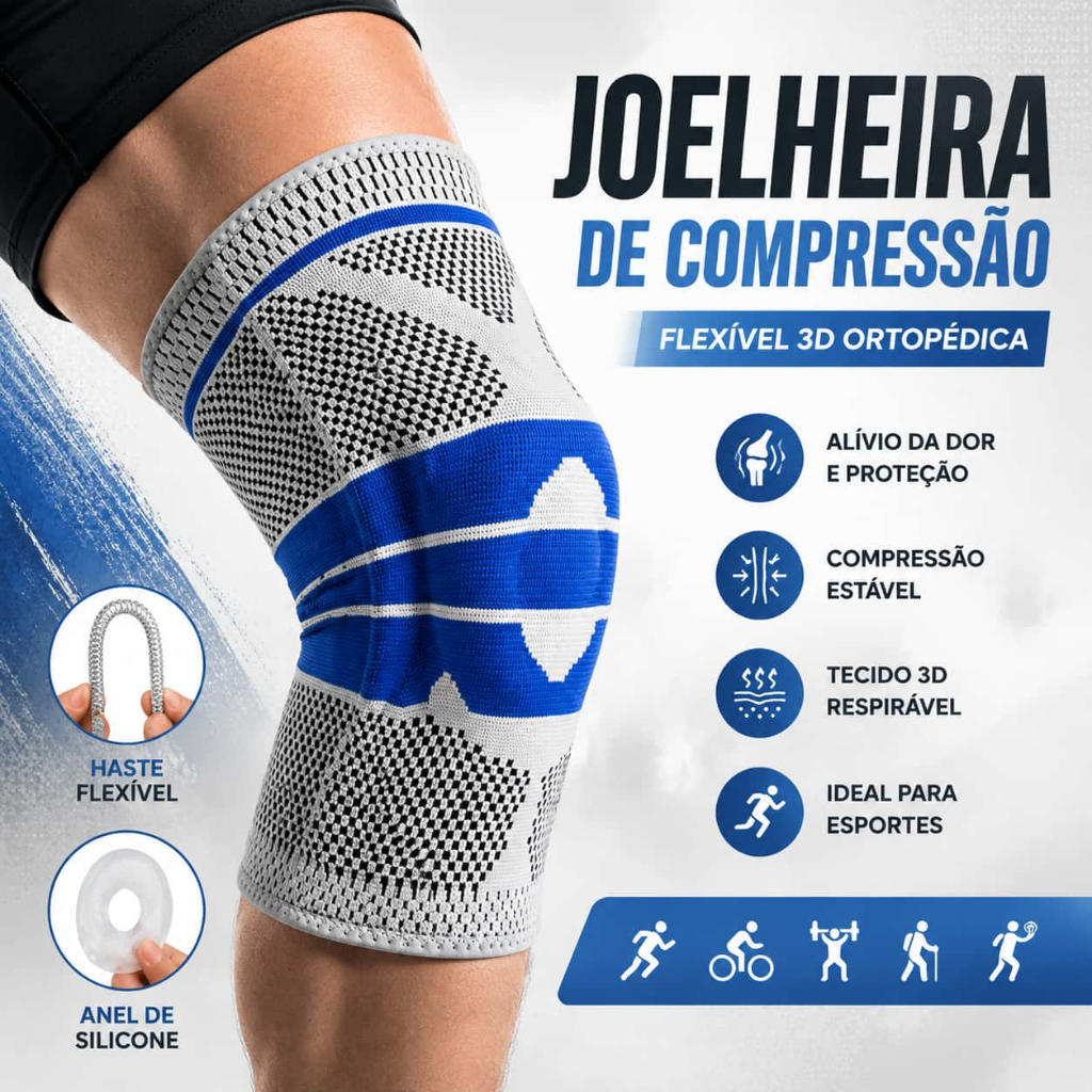 Kit 1/2 Joelheira Compressão Patelar Flexivel 3D Ortopedica Esportiva Anel e Haste Flexivel 3D Treino Alívio Dor Joelho
