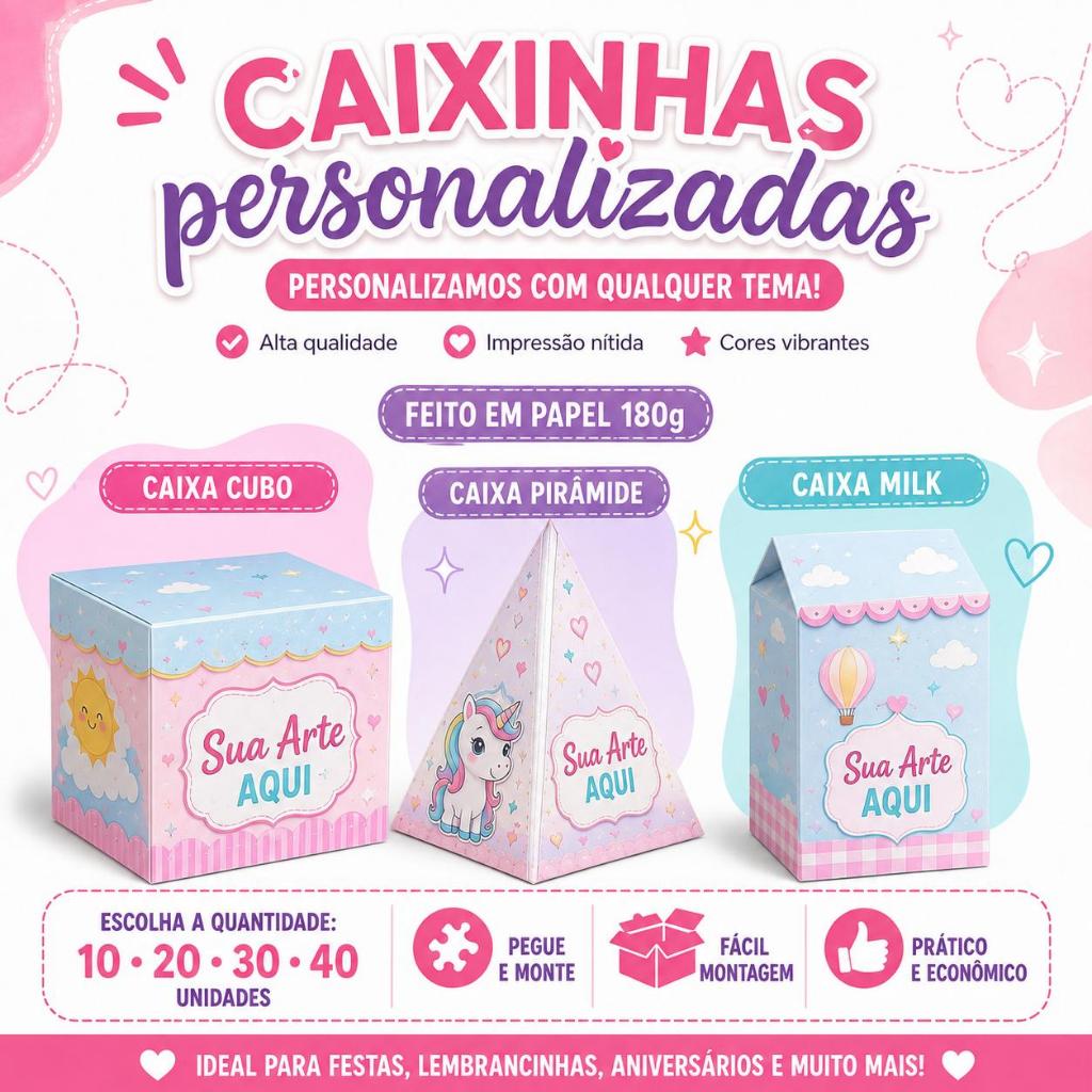 Caixinhas Lembrancinhas Personalizadas Qualquer Tema | Pegue e Monte | Festa Aniversário | 10 20 30 ou 40 Unidades