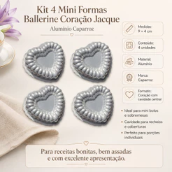 Kit 4 Mini Formas Ballerine Coração Jacque 9x4cm Alumínio para Bolo Recheado Sobremesa Confeitaria
