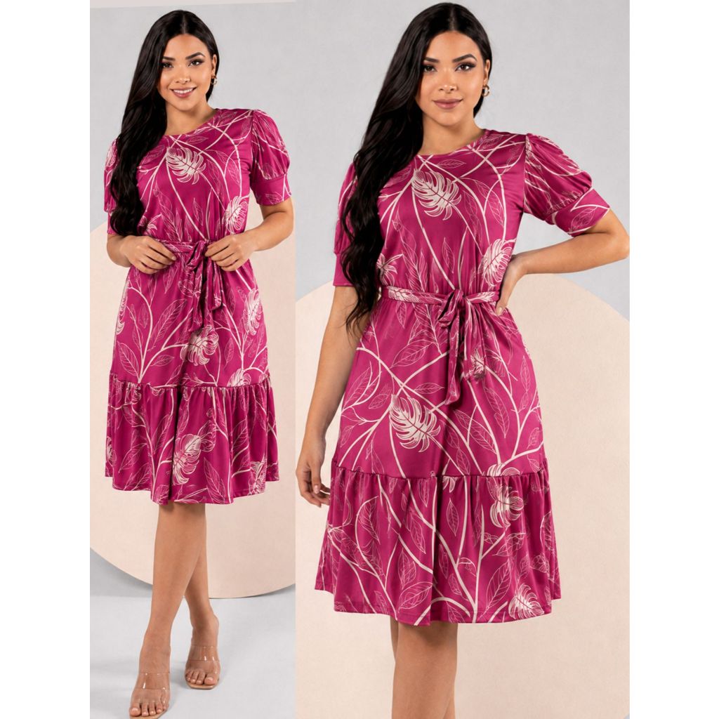 Vestido Midi Evangélico Estampado Feminino Manga Bufante Saia Rodada Elegante