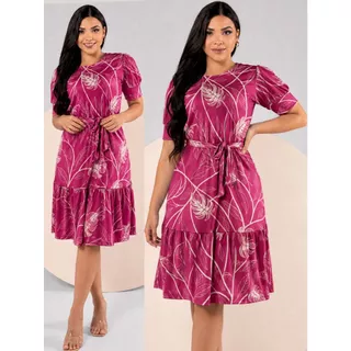 Vestido Midi Evangélico Estampado Feminino Manga Bufante Saia Rodada Elegante
