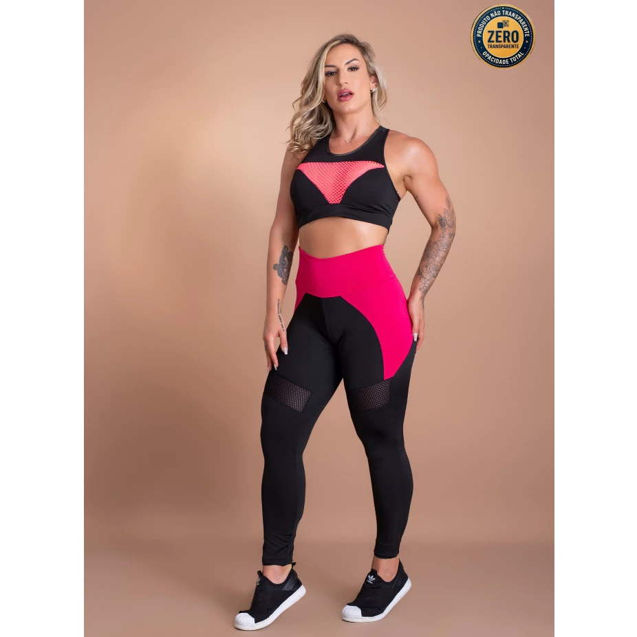 Conjunto Feminino Calça Fitness Com Detalhe Na Cintura E Top Tela Academia ZERO TRANSPARÊNCIA — imagem 1