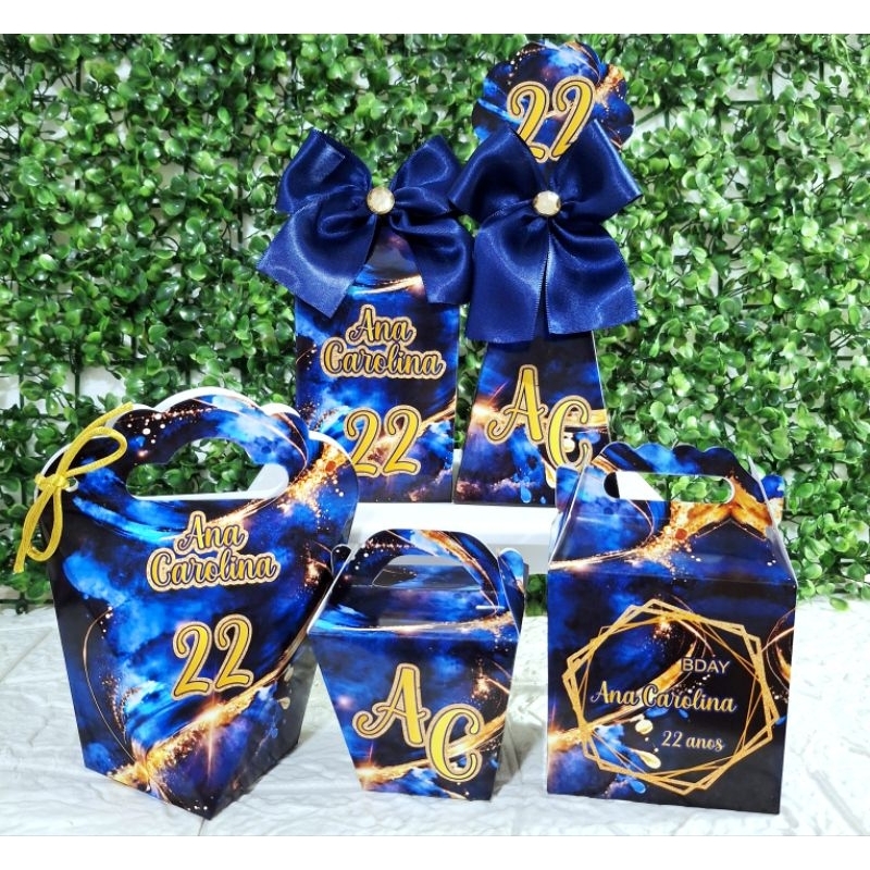 Kit Caixinhas Azul e Dourado Marmorizado, 15 anos (FAZEMOS TDS IDADES)Lembrancinha Personalizada Aniversário