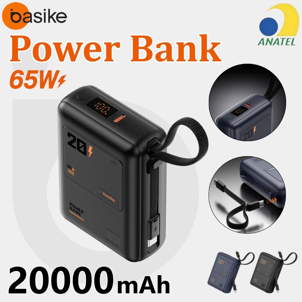 BASIKE Power Bank 20000mAh PD 65W  carregamento rápido Carregamento Duplo Com 2 Cabos
