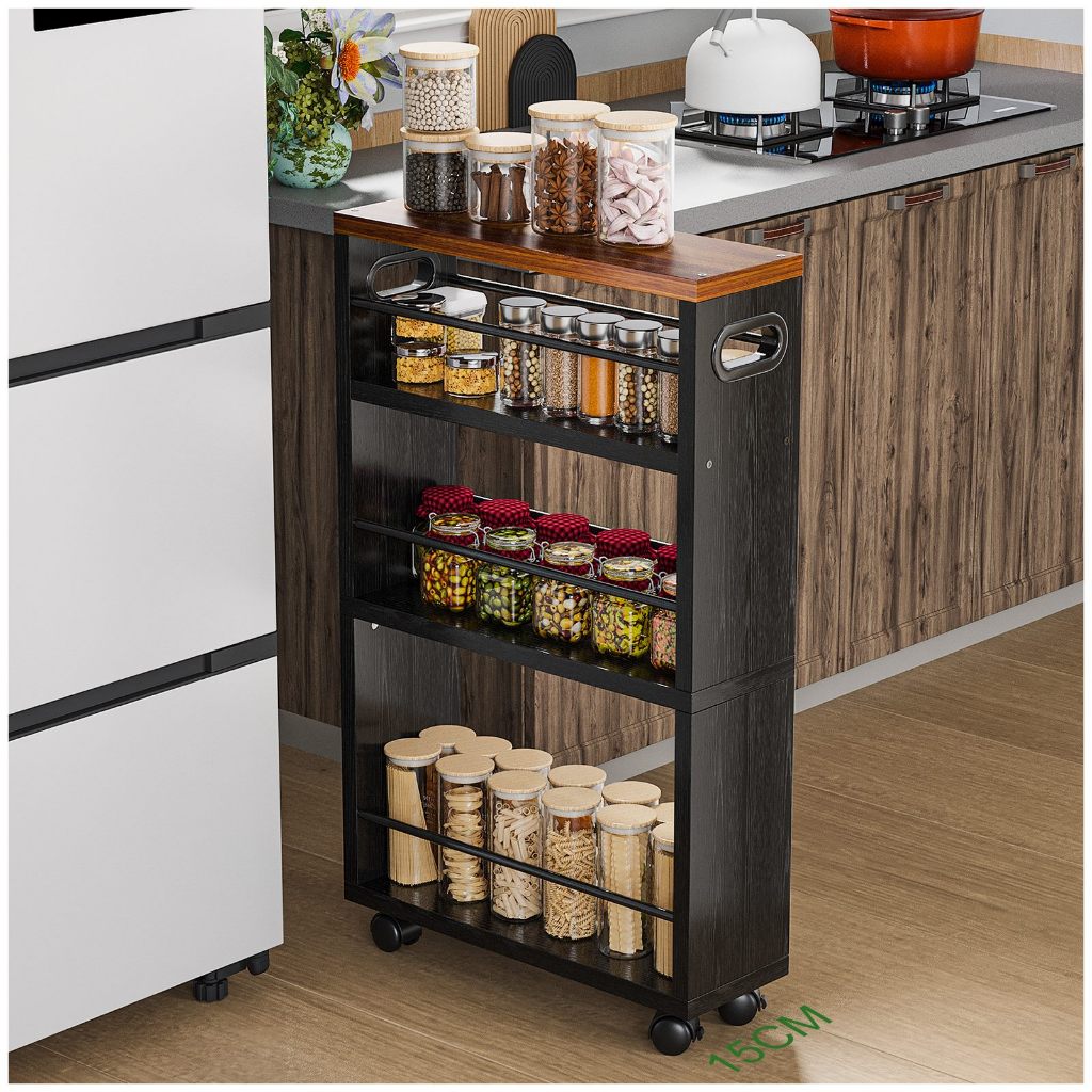 Carrinho Organizador Preto 3 Níveis com Rodas 360 Multiuso 15cm Estreito para Cozinha Banheiro