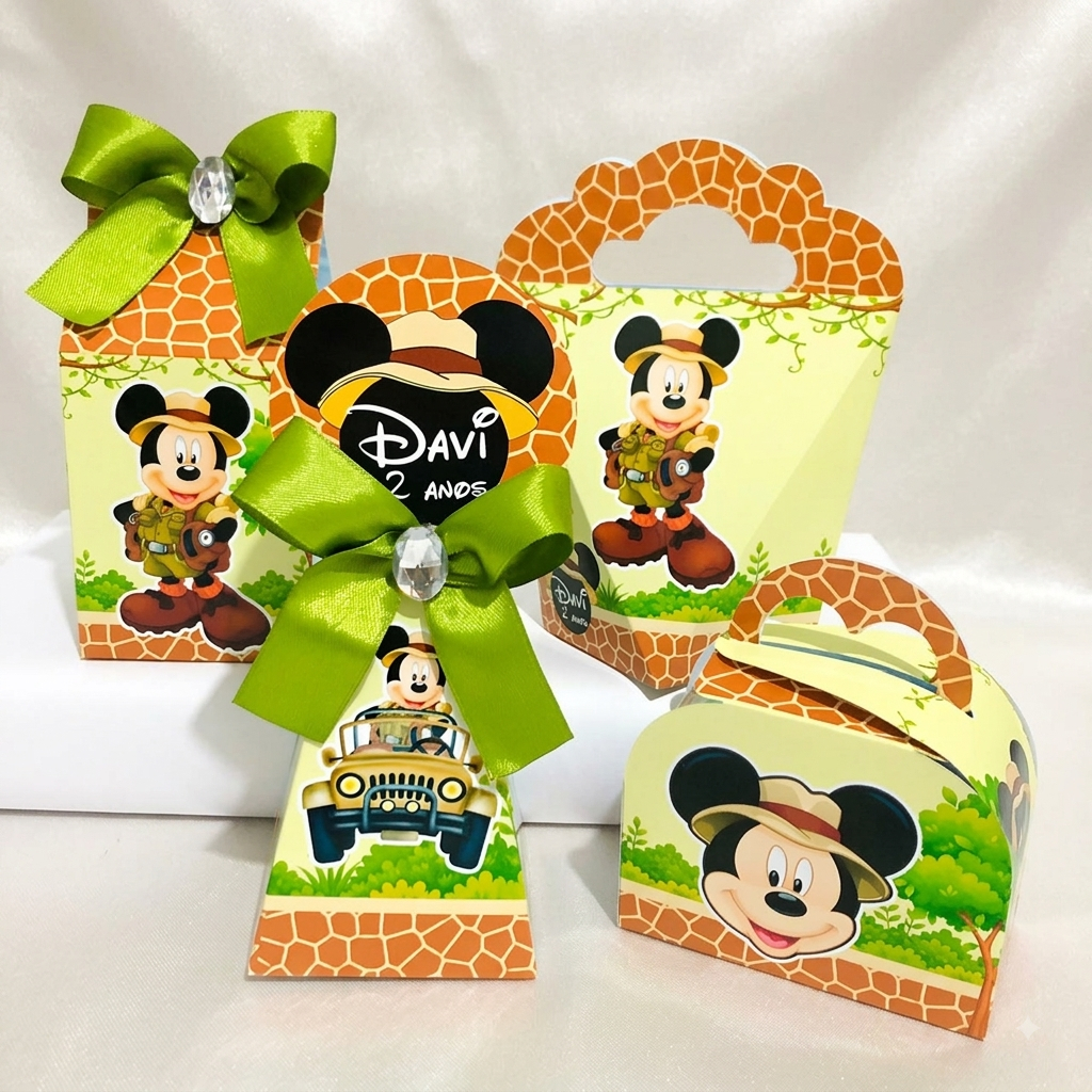 Kit Caixas Personalizadas MICKEY SAFARI Lembrancinhas Festa Infantil Aniversário Desmontadas