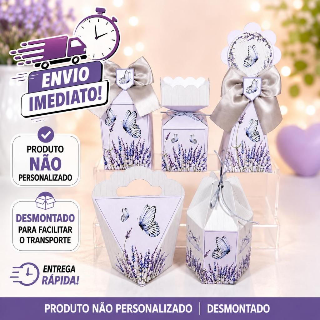 kit Caixinhas Personalizadas para Festa JARDIM BORBOLETAS LILAS LAVANDA Lembrancinhas de Aniversário DESMONTADO.