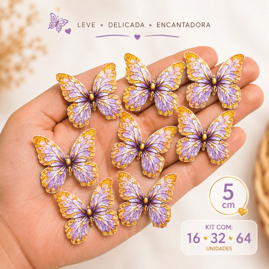 Kit Borboletas 5cm Lilás com Dourado Para Decoração Festa Jardim Encantado Aniversário Painel Lembrancinhas Delicada