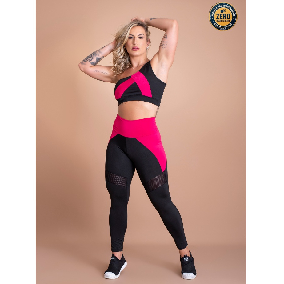 Conjunto Fitness Feminino Calça Legging Com Detalhe E Top Cropped Faixa Academia ZERO TRANSPARÊNCIA