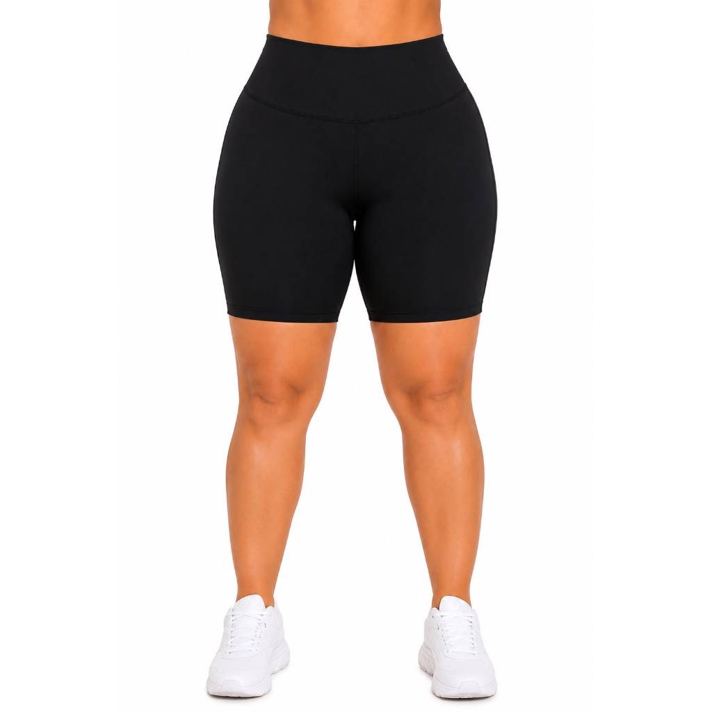 Bermuda Feminina Plus  Size  Meia Coxa Preto Cintura Alta Academia Fitness Não Transparente