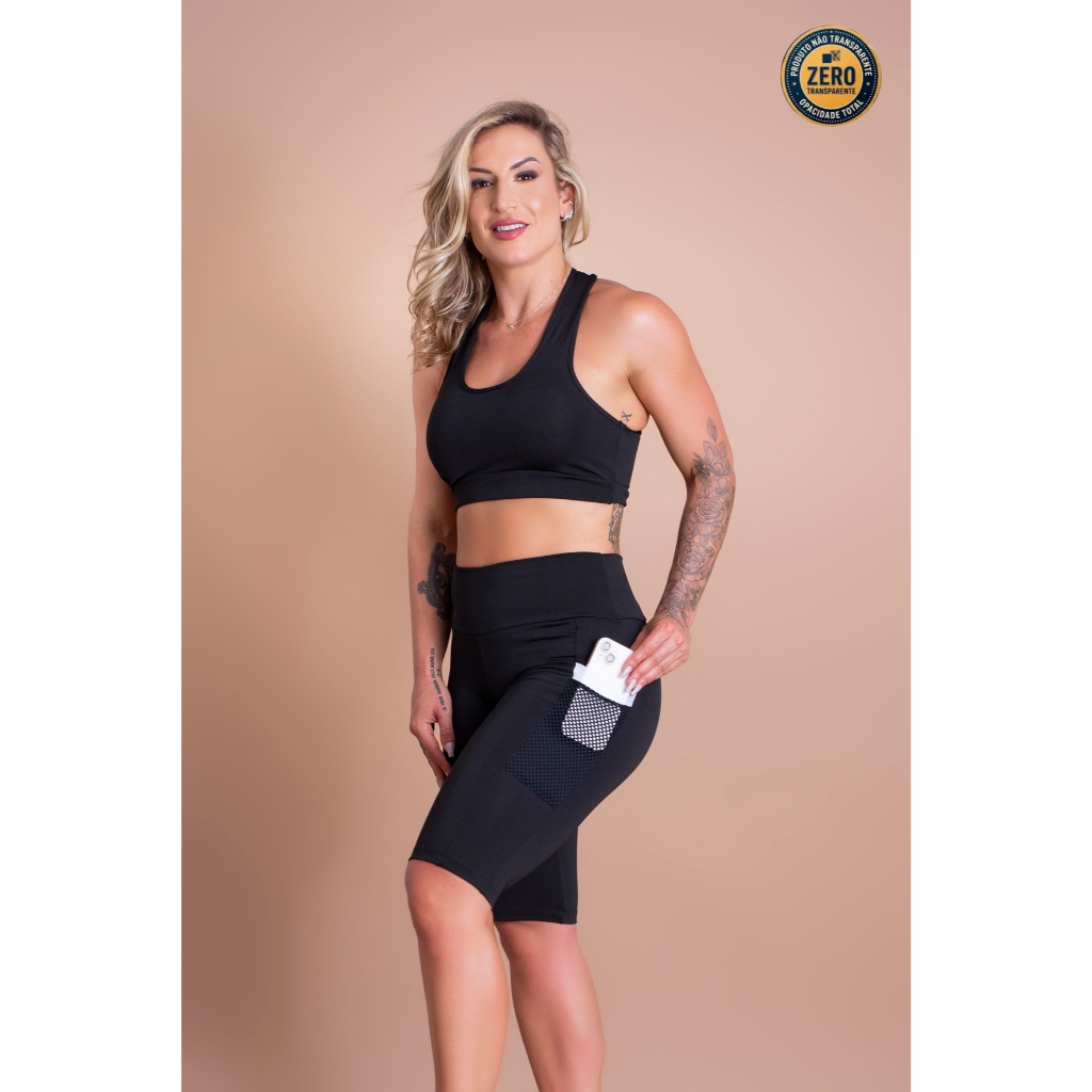 Conjunto Feminino Fitness Bermuda Bolso Tela Resistente e Top Nadador Básico Liso Academia Treino ZERO TRANSPARÊNCIA
