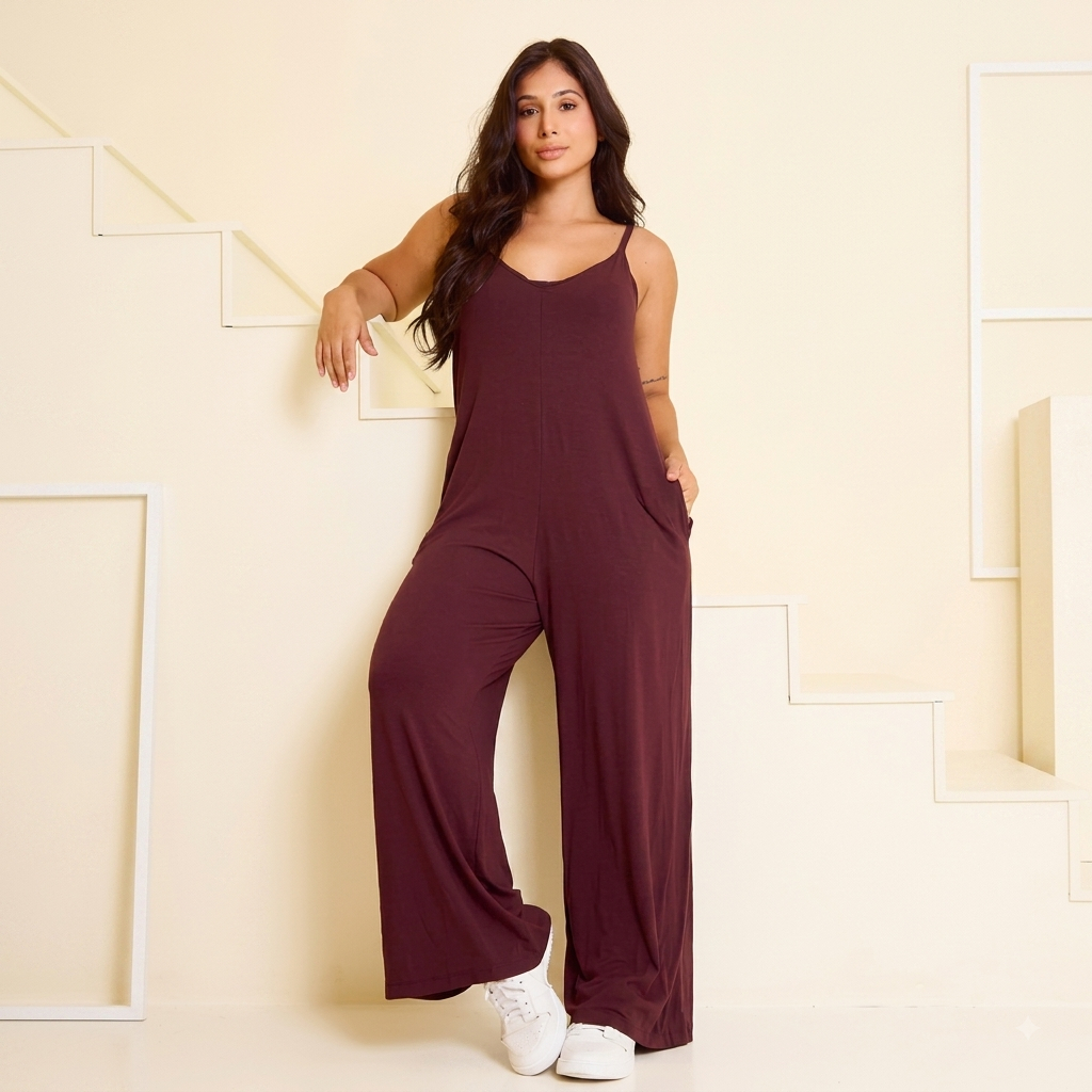Macacão Feminino Longo Pantalona Regata Viscolycra Alça Fina Decote V com Bolsos Casual Elegante Confortável