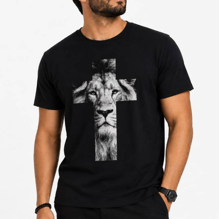 Camiseta Estampada Religiosa Leão Cruz 100% Algodão Envio Imediato