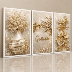 Kit 3 Quadros Decorativos Trio Floral Dourado Luxo Moderno Gratidão Sala