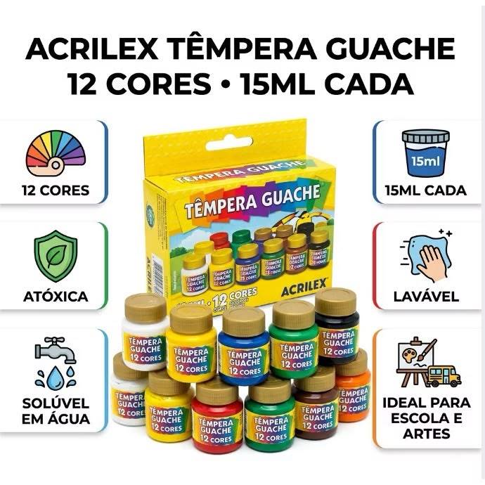 Tinta Guache Acrilex 12 Cores 15ml Tempera Infantil Escolar Não Tóxica Original Material Escolar