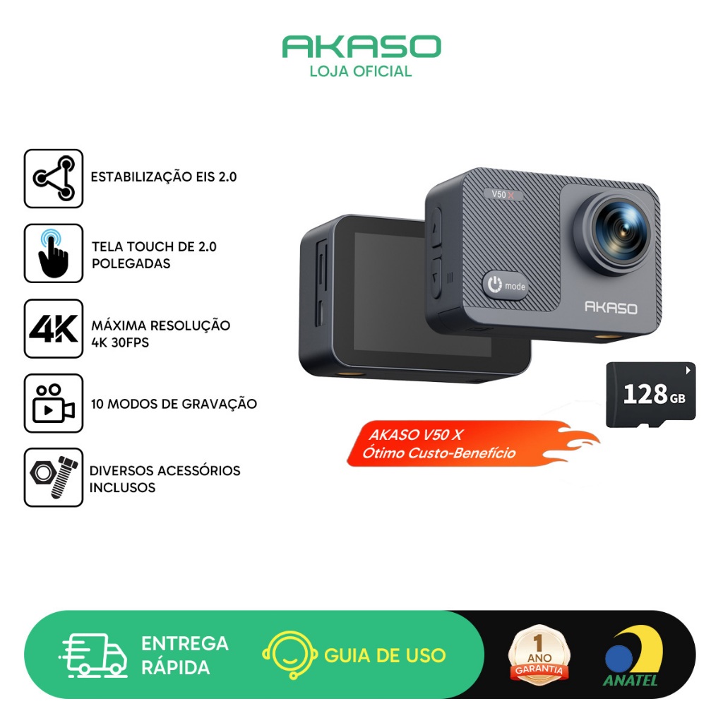 Imagem Câmera Ação AKASO V50X 4K Native WiFi Touch Screen EIS 2.0 4X Zoom c/ Controle Remoto e Cartão 128GB