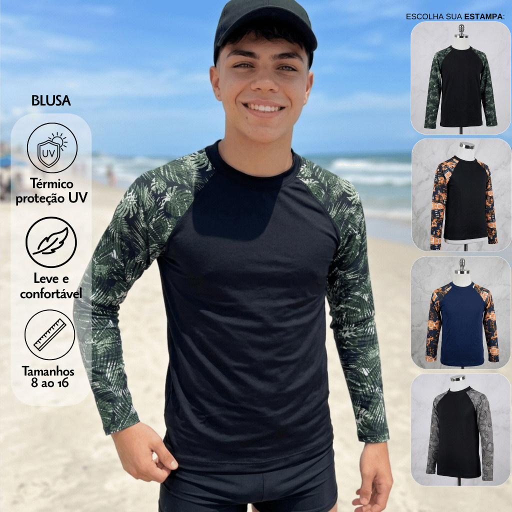 Blusa Menino Adolescente Manga Estampada Praia e Piscina Proteção UV50+ 15-ME