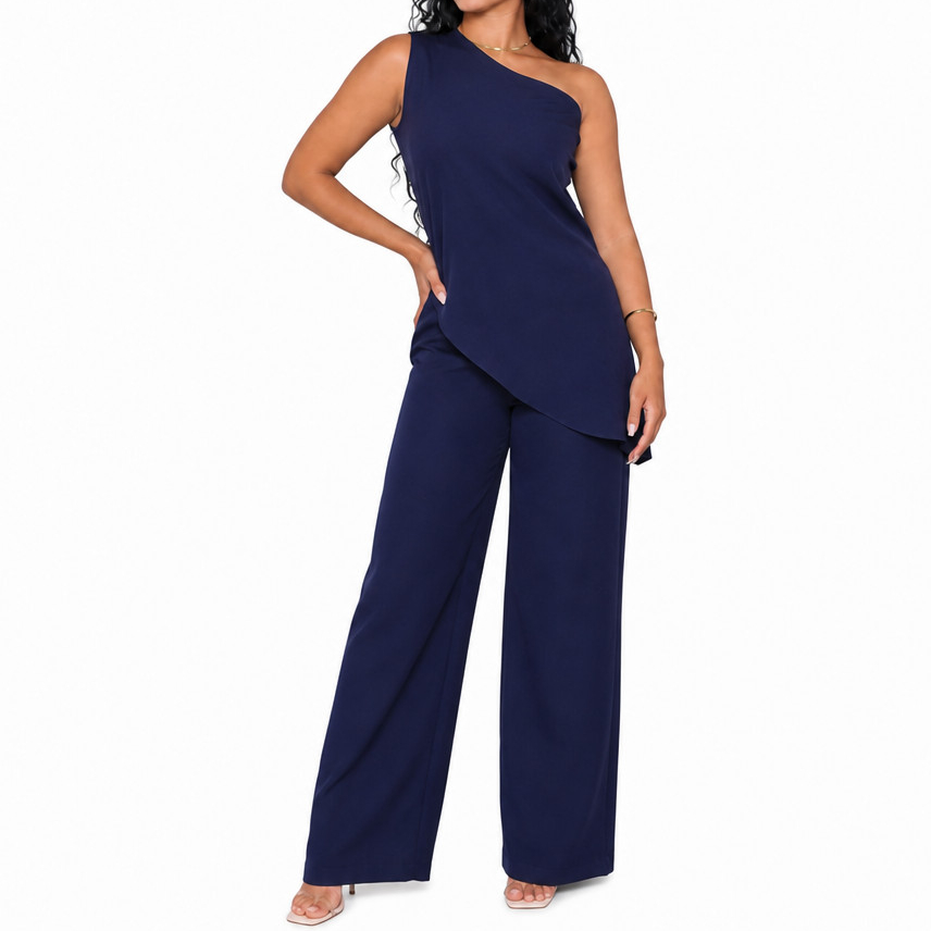 Conjunto Feminino Alfaiataria Calça Pantalona Blusa Assimétrica Um Ombro Só Mula Manca Festa Elegante Luxo Azul