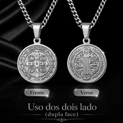 Colar Com Pingente Sao Bento Banhado a Ródio Cordão Masculina Aço Inoxidavel 316L