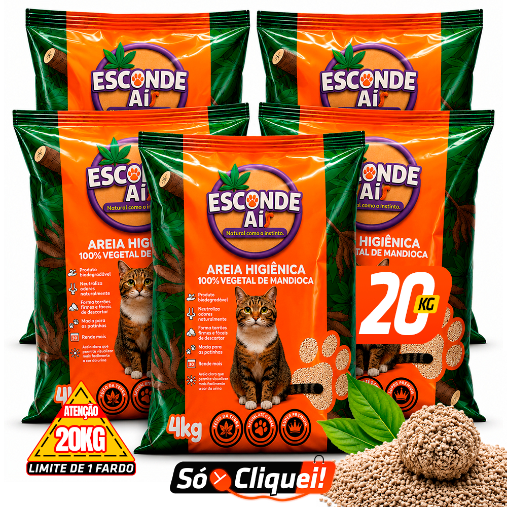 Kit 5 Areia de Mandioca Esconde Aí Granulado Sanitário 100% Biodegrável de Gato Forma Torrões Alta Absorção 4 a 20KG