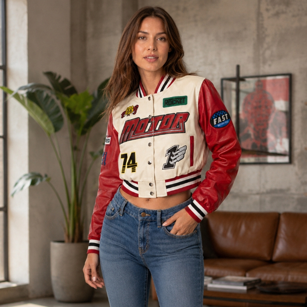 Nova Jaqueta de Couro Feminina MOTOR RACING Importada Bomber Bordada Estilo Motoqueira e Formula 1 RACER Rocket Speed