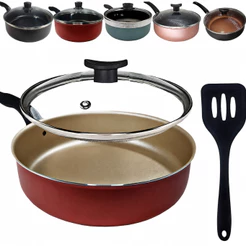 Frigideira Antiaderente 24cm Alta com Tampa de Vidro + Espátula Não Gruda Alumínio